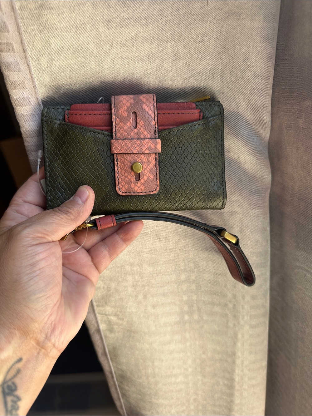 Fossil Green and Pink Textured Leather Wristlet Wallet